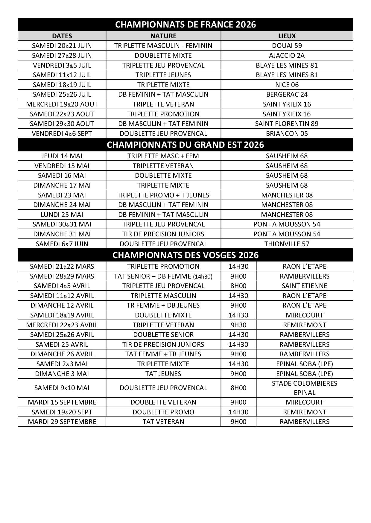 Calendrier championnats 2026